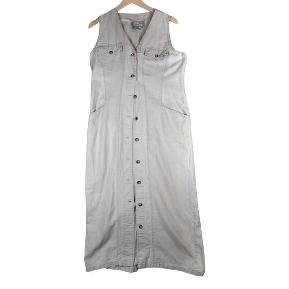 Vintage 90's Minimalist Linen Long Button Front Dress Natural Beige Sz 9 / 10 - Picture 2 of 9